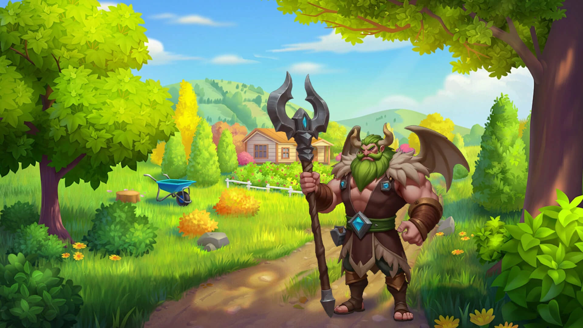 Cube Legend's fantasy world, with a bearded horned hero on a path through a bright green garden.