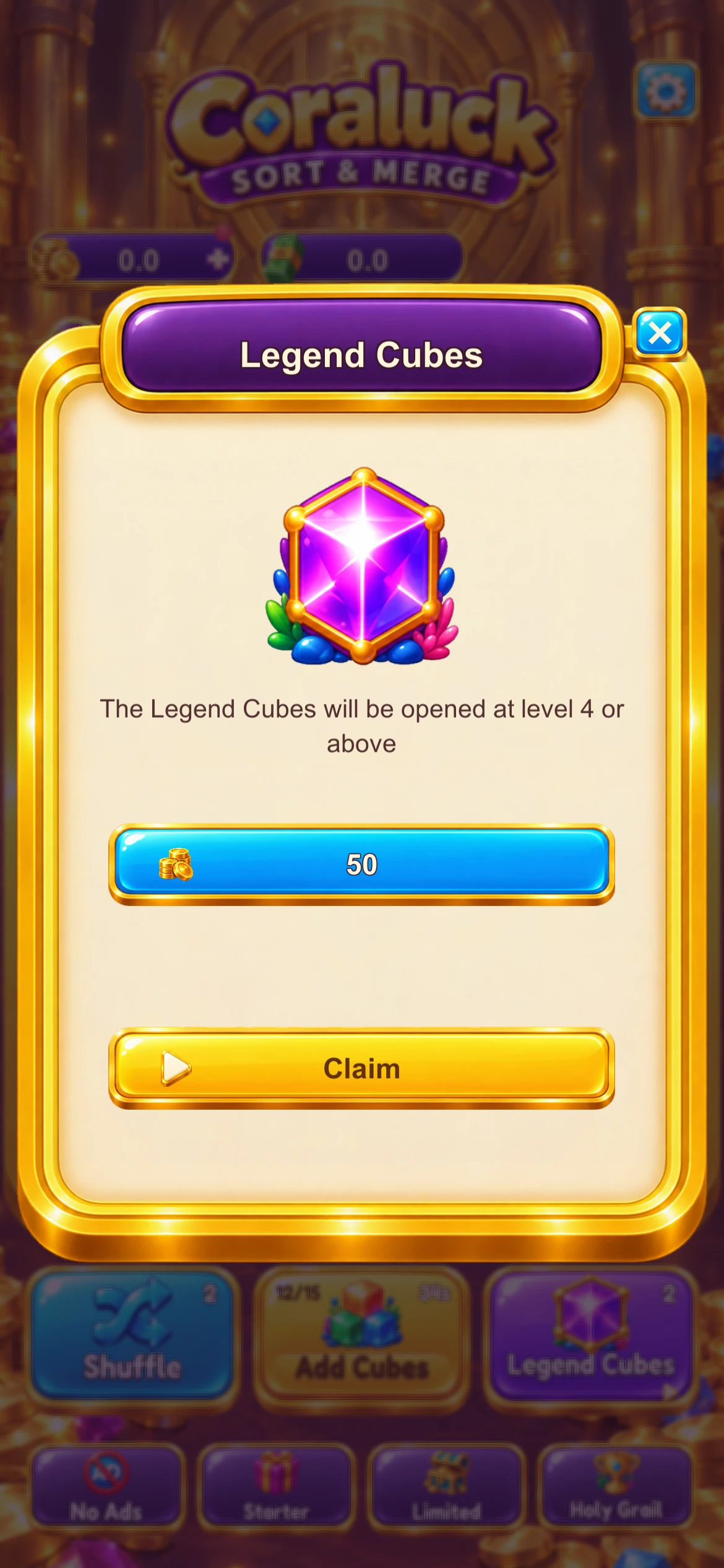 The Coraluck Legend Cubes panel, showcasing a bright purple special cube.
